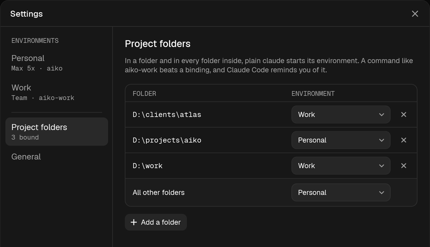 Aiko settings: environments Personal and Work, folders D:\work and D:\clients\atlas bound to Work, D:\projects\aiko to Personal