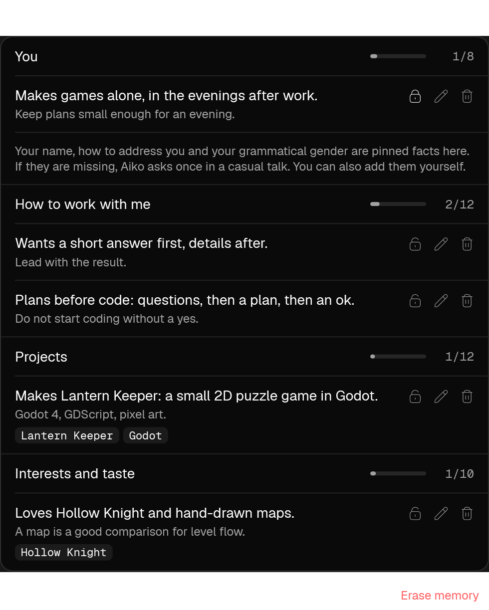 The memory block on the Personality page: five facts in four groups, 5 of 42 used